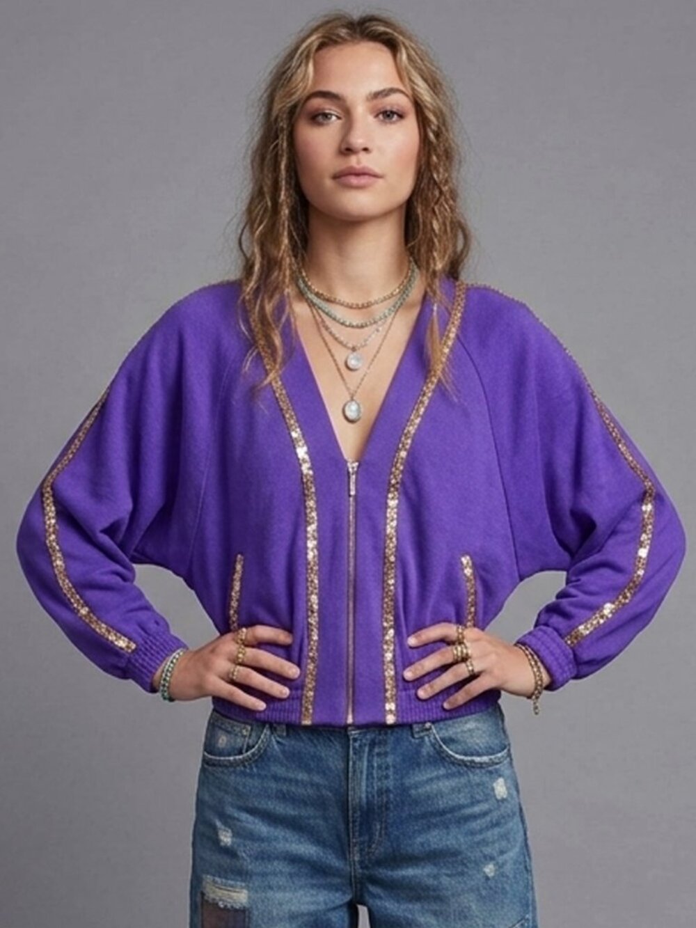Vintage 80s Hanasport Dolman Batwing Crop Jacket Purple Gold Zip Up Club S/M